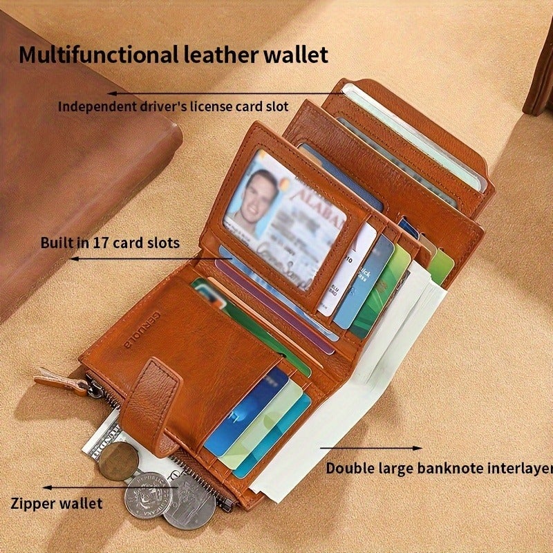 GERUOLA Men's Short Wallet, Vintage Genuine Leather Multi-Function Card Holder with RFID Blocking, Compact and Large Capacity for Business and Gifts - Image 4
