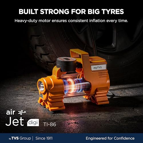 myTVS airJet Digi Portable Tyre Inflator for Car with Digital Display, Auto Shut-Off 100 PSI Pressure | 12V DC Best Sutied Air Pump for Sedan & SUV with LED Torch, 3m Cord | 1+1 Years Warranty TI-86 - Image 4
