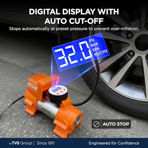myTVS airJet Digi Portable Tyre Inflator for Car with Digital Display, Auto Shut-Off 100 PSI Pressure | 12V DC Best Sutied Air Pump for Sedan & SUV with LED Torch, 3m Cord | 1+1 Years Warranty TI-86 - Image 2