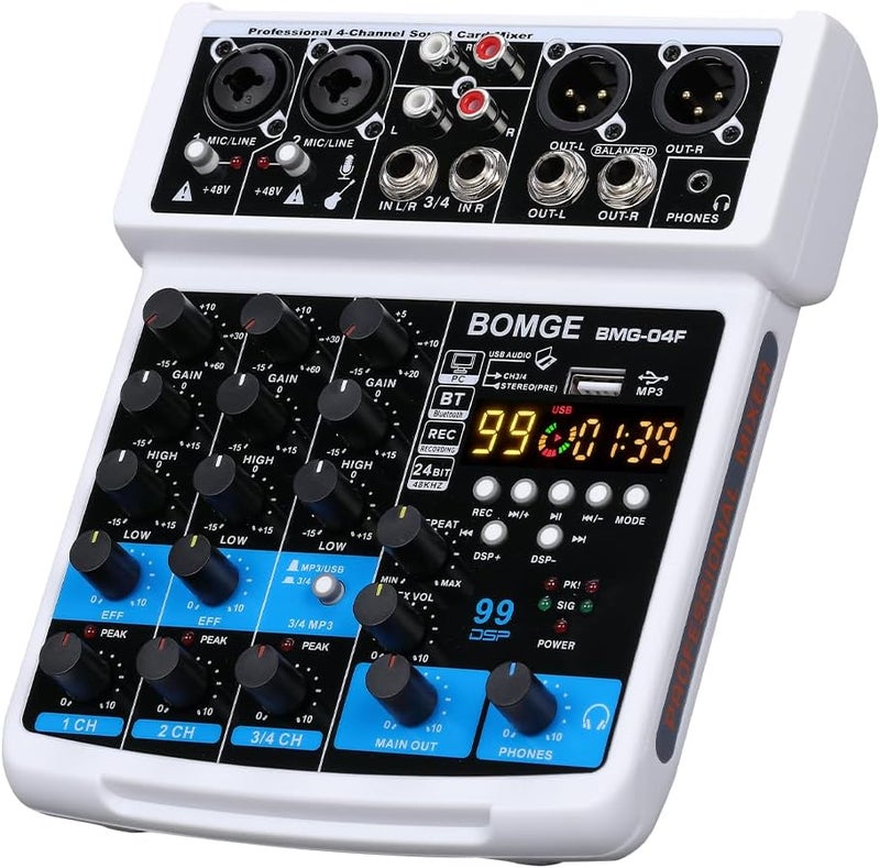 BOMGE-04F 4 channel dj audio sound mixer with MP3/USB Bluetooth, stereo record/48V /24 DSP Echo effects for Live broadcast, karaoke, performance, church singing and music production (white-4f) - Image 1
