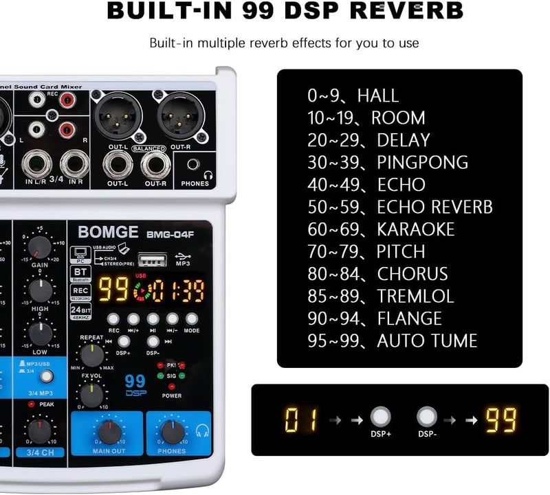 BOMGE-04F 4 channel dj audio sound mixer with MP3/USB Bluetooth, stereo record/48V /24 DSP Echo effects for Live broadcast, karaoke, performance, church singing and music production (white-4f) - Image 4