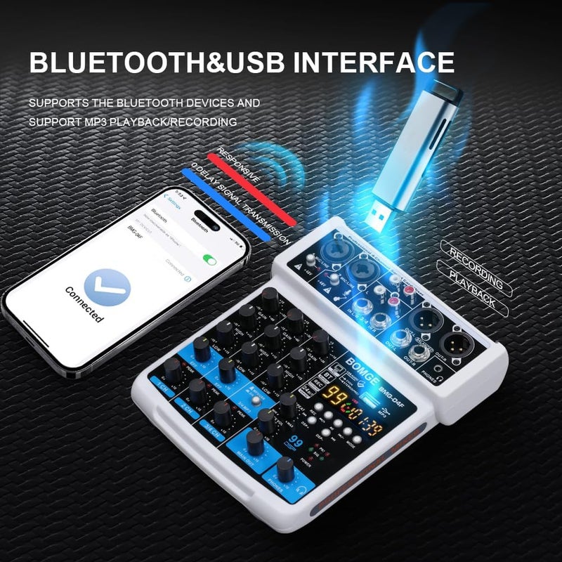 BOMGE-04F 4 channel dj audio sound mixer with MP3/USB Bluetooth, stereo record/48V /24 DSP Echo effects for Live broadcast, karaoke, performance, church singing and music production (white-4f) - Image 2