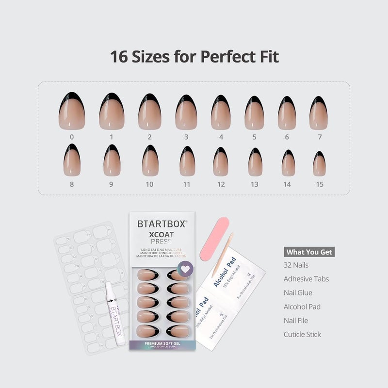 BTArtbox French Tip Press On Nails Almond - Black Press on Nails Short, Glue On Nails for Women Gift, Supremely Fit Natural Reusable Stick On Nails in 16 Sizes - 30 Fake Nails Kit, Black French Temp & permanent project compatible - Image 3