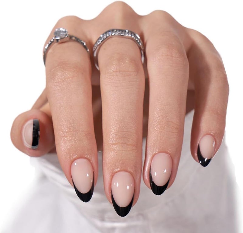 BTArtbox French Tip Press On Nails Almond - Black Press on Nails Short, Glue On Nails for Women Gift, Supremely Fit Natural Reusable Stick On Nails in 16 Sizes - 30 Fake Nails Kit, Black French Temp & permanent project compatible - Image 1