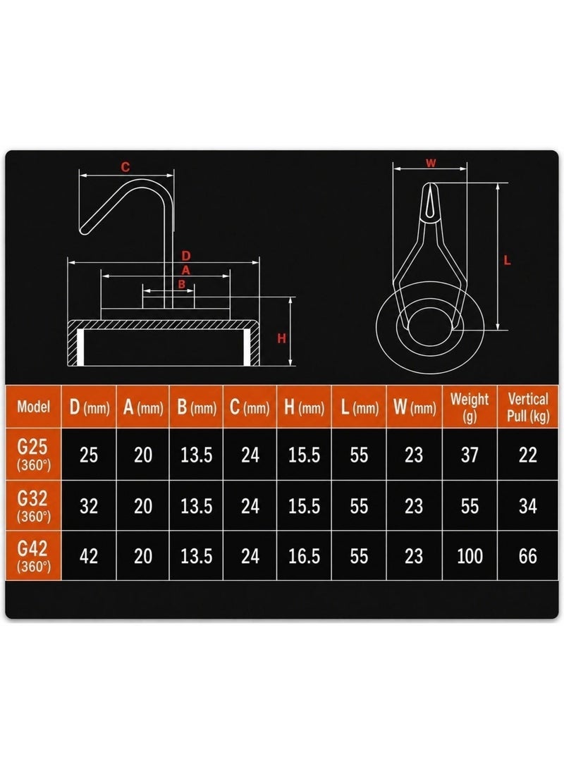 360° Rotatable Metal Magnetic Hooks, 25mm, Pack of 8, Max Load 22KG, Drill-Free Heavy Duty Magnet Hooks for Garage, Warehouse, Kitchen & Tool Storage - Image 4