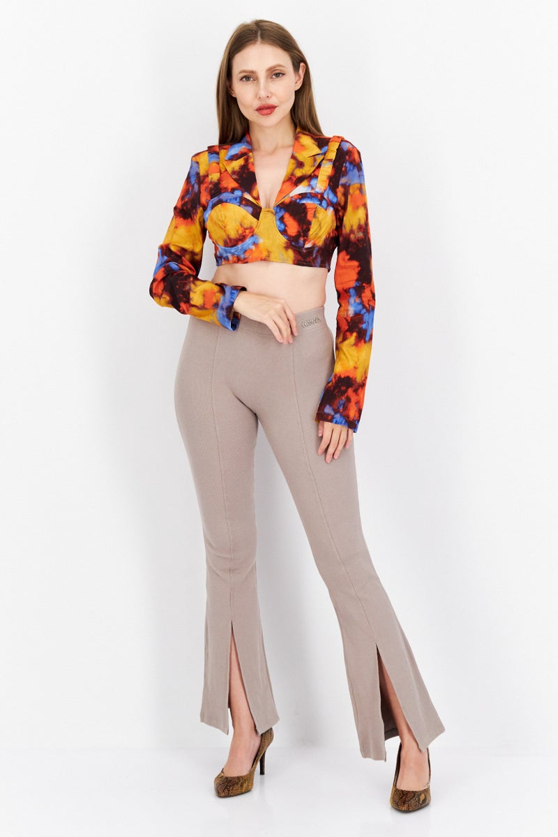 NA-KD Women Notched Collar Long Sleeve Tie Dye Blouse, Orange - Image 3