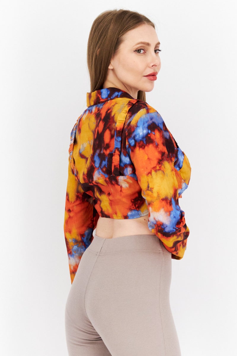 NA-KD Women Notched Collar Long Sleeve Tie Dye Blouse, Orange - Image 2