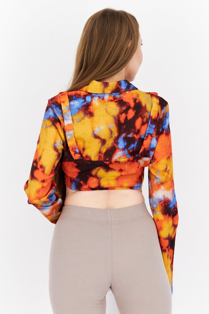 NA-KD Women Notched Collar Long Sleeve Tie Dye Blouse, Orange - Image 2