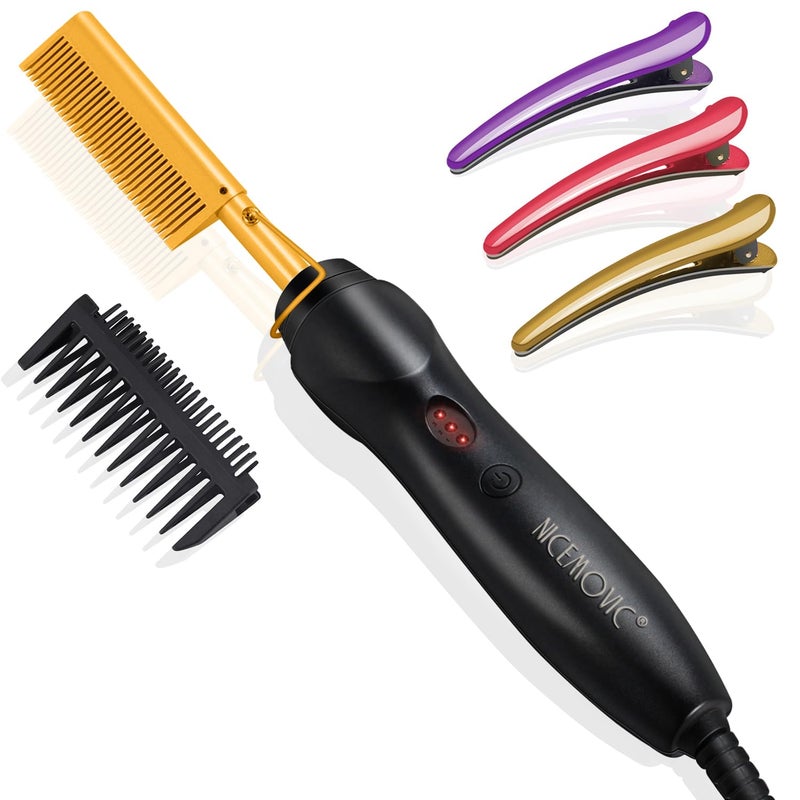 NICEMOVIC Ceramic Heating Hair Straightener Comb - Hot Pressing Brush for Natural Black Hair, Beard Wigs, and Curling (Gold) - Image 1