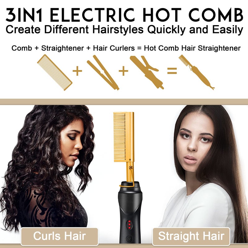 NICEMOVIC Ceramic Heating Hair Straightener Comb - Hot Pressing Brush for Natural Black Hair, Beard Wigs, and Curling (Gold) - Image 4