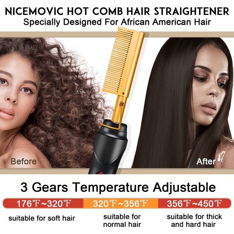 NICEMOVIC Ceramic Heating Hair Straightener Comb - Hot Pressing Brush for Natural Black Hair, Beard Wigs, and Curling (Gold) - Image 3