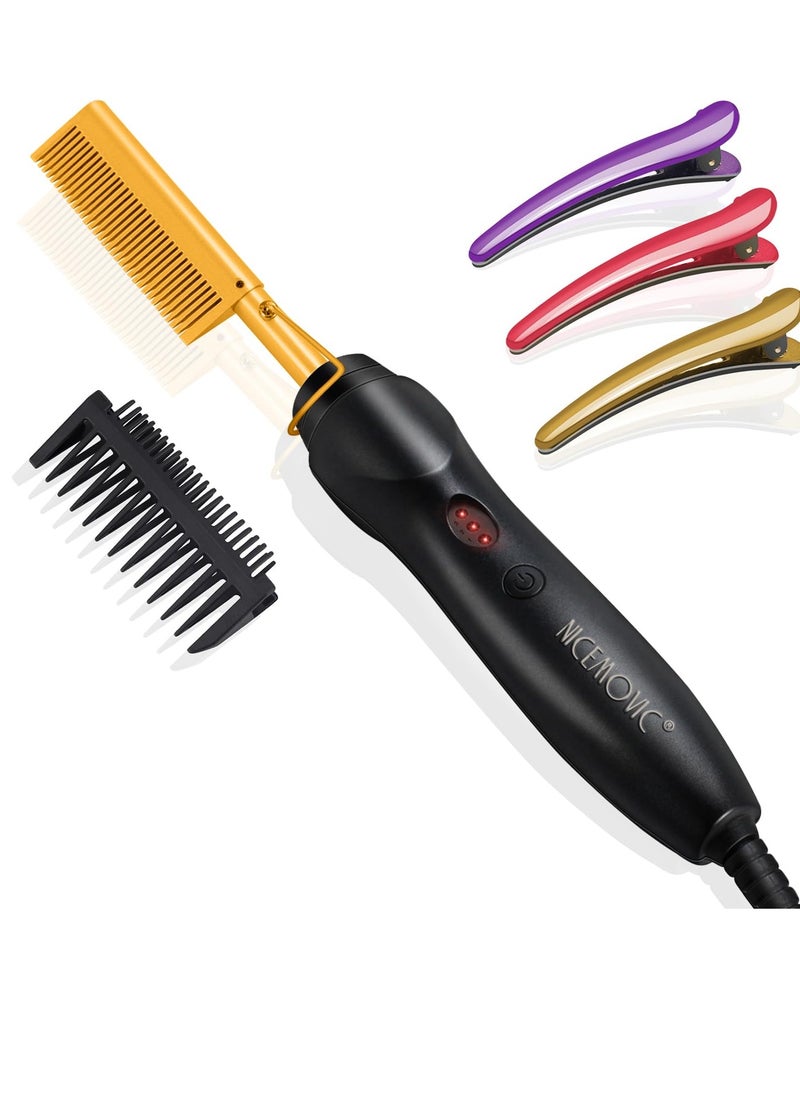 NICEMOVIC NICEMOVIC Ceramic Heating Hair Straightener Comb - Hot Pressing Brush for Natural Black Hair, Beard Wigs, and Curling (Gold)  - Image 1