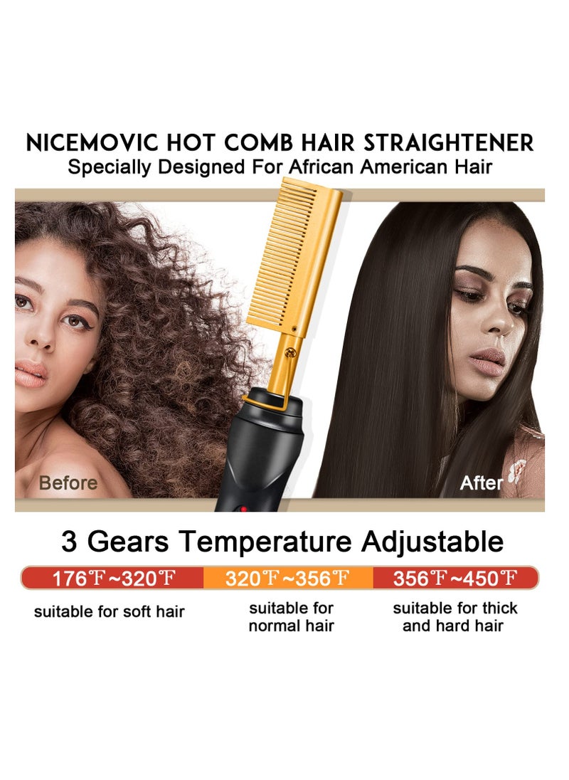 NICEMOVIC NICEMOVIC Ceramic Heating Hair Straightener Comb - Hot Pressing Brush for Natural Black Hair, Beard Wigs, and Curling (Gold)  - Image 3