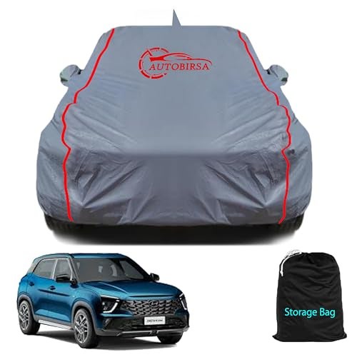 AUTOBIRSA Waterproof Car Body Cover Compatible with Hyundai Creta N Line with Mirror and Antenna Pocket, Triple Stitched (Heat Resistant US Grey with Red Piping) - Image 1