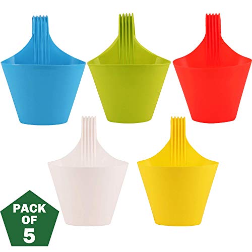Leafy Tales Plastic Hook Hanging Pots (Set of 5, Multicolor) - 28 x 12 x 22 cm Durable Railing Planters - Detachable Hook Flower Pots for Balcony, Indoor, Outdoor Garden & Window Grills - Image 2