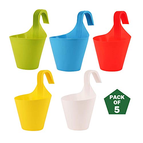 Leafy Tales Plastic Hook Hanging Pots (Set of 5, Multicolor) - 28 x 12 x 22 cm Durable Railing Planters - Detachable Hook Flower Pots for Balcony, Indoor, Outdoor Garden & Window Grills - Image 1