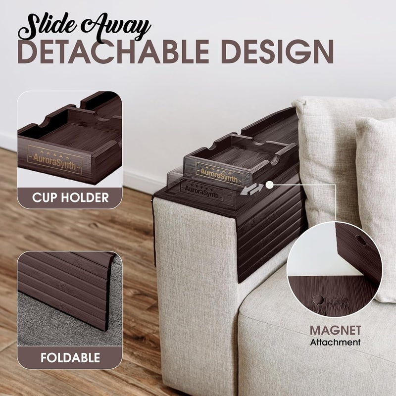 AuroraSynth Couch Cup Holder with 2 Cork Coasters | Couch Caddy with Detachable Tray | Anti-Slip Foldable Armrest Sofa Tray, Anti-Spill Holder for Remote, Snacks, Cellphone - Ideal Gift (Walnut) - Image 2