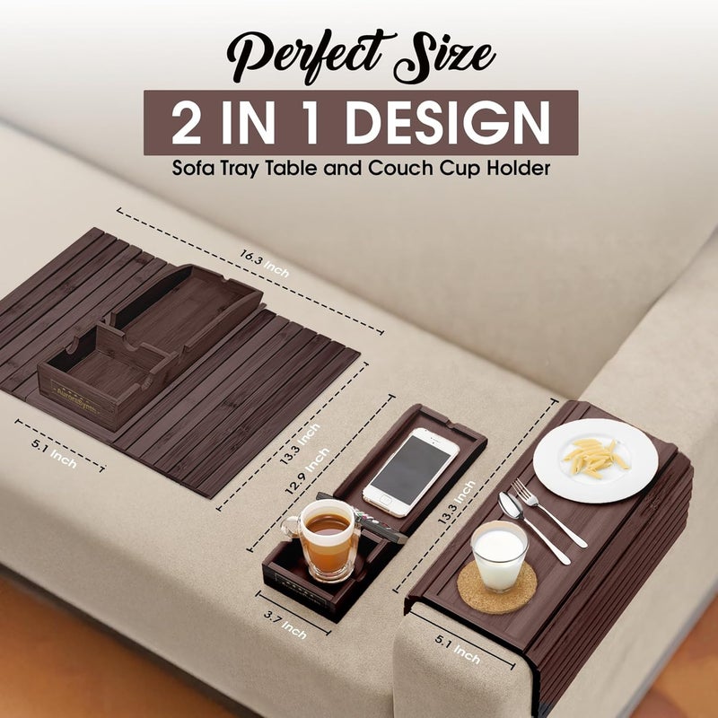 AuroraSynth Couch Cup Holder with 2 Cork Coasters | Couch Caddy with Detachable Tray | Anti-Slip Foldable Armrest Sofa Tray, Anti-Spill Holder for Remote, Snacks, Cellphone - Ideal Gift (Walnut) - Image 3