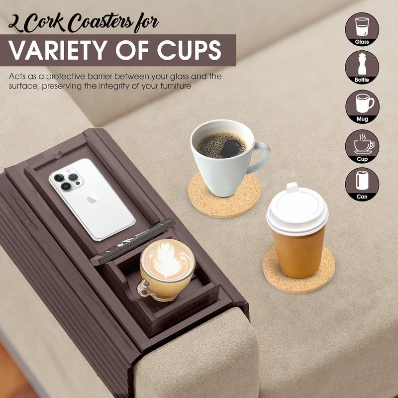 AuroraSynth Couch Cup Holder with 2 Cork Coasters | Couch Caddy with Detachable Tray | Anti-Slip Foldable Armrest Sofa Tray, Anti-Spill Holder for Remote, Snacks, Cellphone - Ideal Gift (Walnut) - Image 4