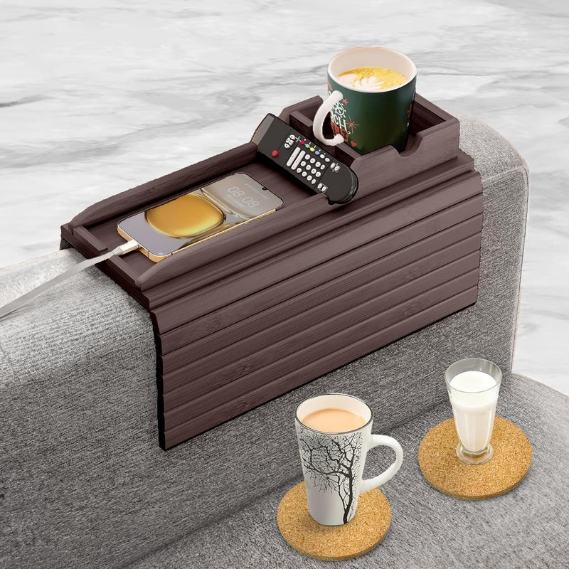 AuroraSynth Couch Cup Holder with 2 Cork Coasters | Couch Caddy with Detachable Tray | Anti-Slip Foldable Armrest Sofa Tray, Anti-Spill Holder for Remote, Snacks, Cellphone - Ideal Gift (Walnut) - Image 1