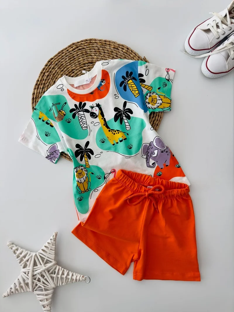 مينيمن جيجيليري My Little Ones Animal Printed Shorts Boy Set - Orange