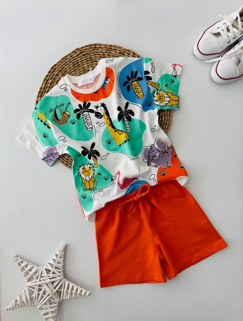 مينيمن جيجيليري My Little Ones Animal Printed Shorts Boy Set - Orange