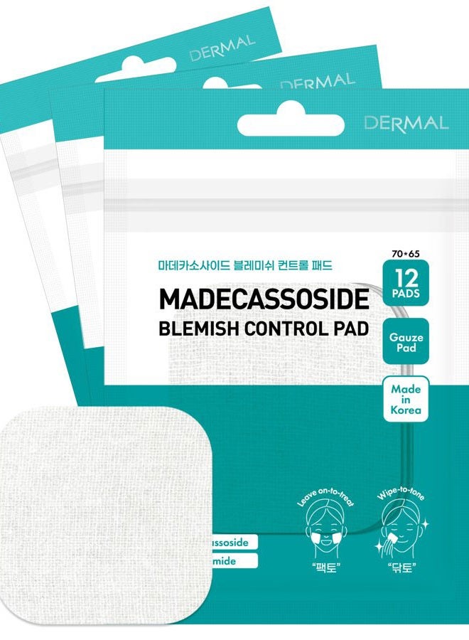DERMAL Madecassoside Blemish Control Pad - Korean Toner Pad for Blemish & Tone Improvement with Centella Asiatica - Vegan Gauze Tencel Square Pads - Travel Kit 12 Pads, 3 Pack (Total 36 ea) - Image 1