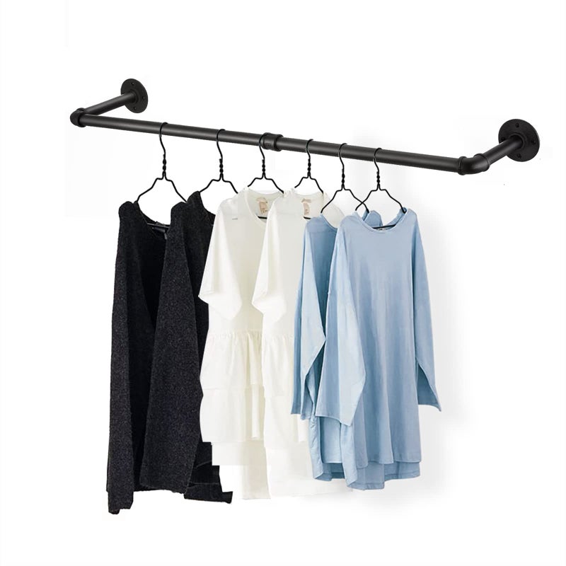 Fobule 48 Wall Mounted Clothes Rack Industrial Pipe Black Iron Garment Bar HeavyDuty Detachable Clothing Rod MultiPurpose Metal Wall display Hanging Pole for Closet Storage Laundry Room 2 Base