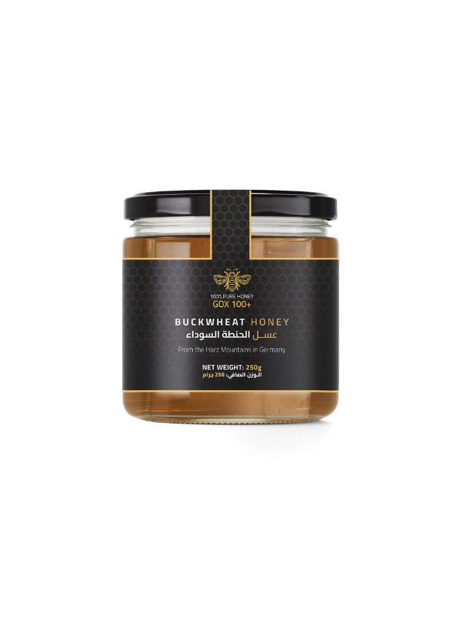 Buckwheat Honey GOX 100+ | 250g – A dark, full-bodied German raw honey naturally high in GOX 100+ activity, rich in antioxidants, and known for its earthy aroma and robust flavor with subtle natural sweetness.