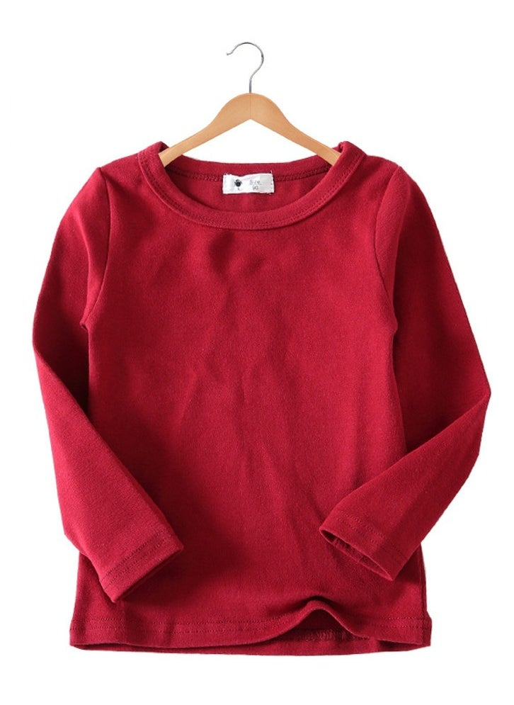 Loquat Kid's Solid Color Long Sleeve Crew Neck Tees Cotton Basic Base Shirt Wine Red 