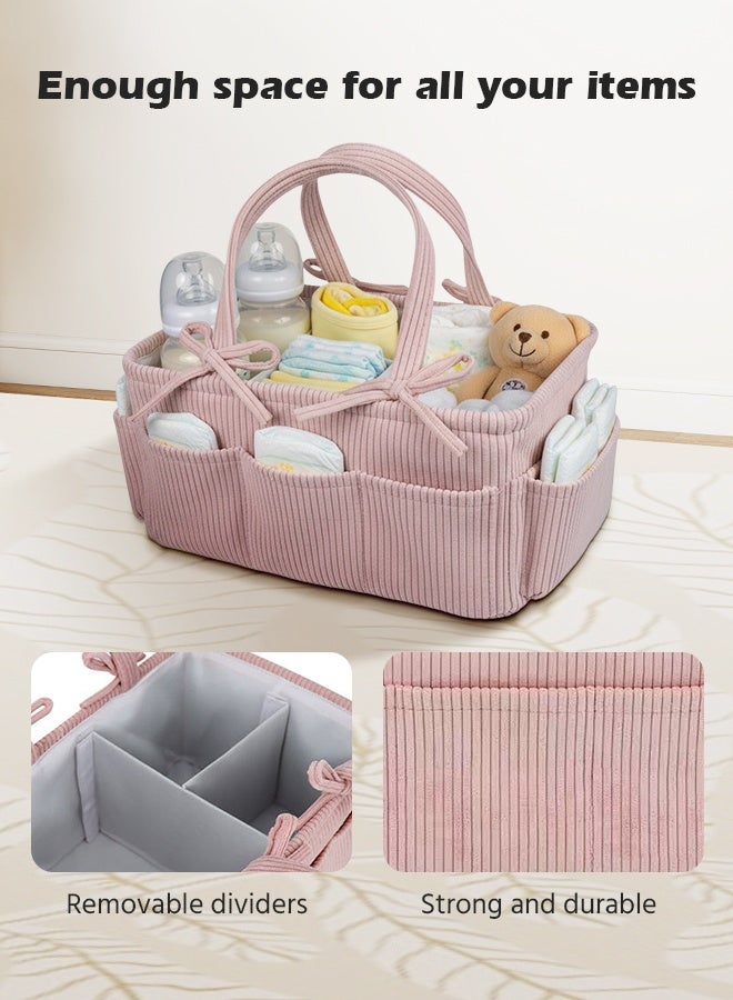 Soft Touch Baby Diaper Caddy Organizer, Corduroy Nursery Diaper Basket, Changing Table Organizer, Portable Tote Bag with Divider, Baby Shower Basket for Car, Travel and Bedroom - Image 5