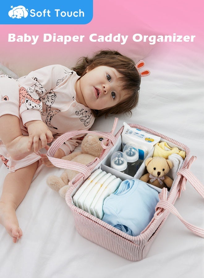 Soft Touch Baby Diaper Caddy Organizer, Corduroy Nursery Diaper Basket, Changing Table Organizer, Portable Tote Bag with Divider, Baby Shower Basket for Car, Travel and Bedroom - Image 3