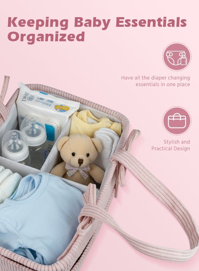 Soft Touch Baby Diaper Caddy Organizer, Corduroy Nursery Diaper Basket, Changing Table Organizer, Portable Tote Bag with Divider, Baby Shower Basket for Car, Travel and Bedroom - Image 4