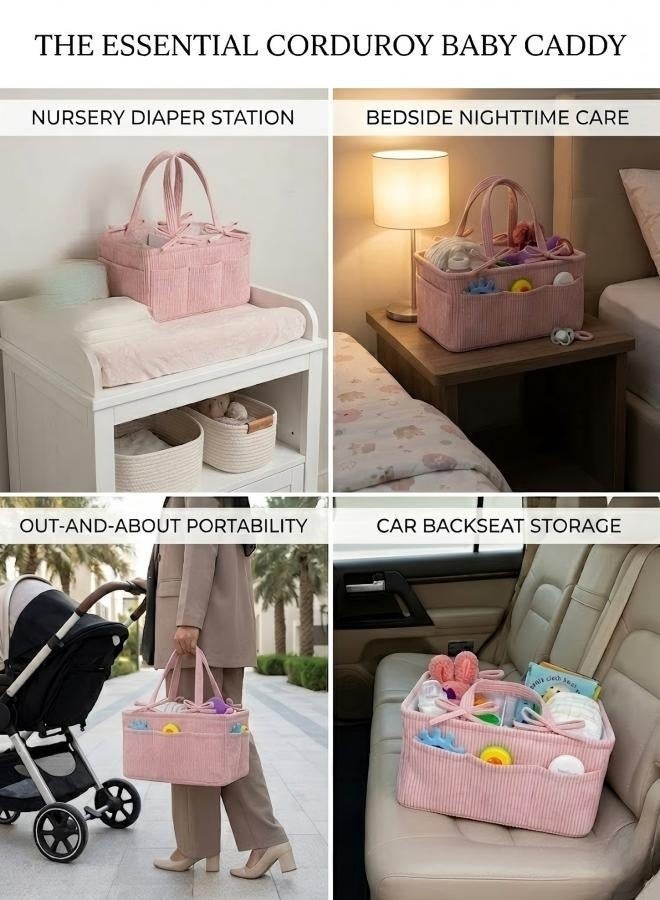 Soft Touch Baby Diaper Caddy Organizer, Corduroy Nursery Diaper Basket, Changing Table Organizer, Portable Tote Bag with Divider, Baby Shower Basket for Car, Travel and Bedroom - Image 3