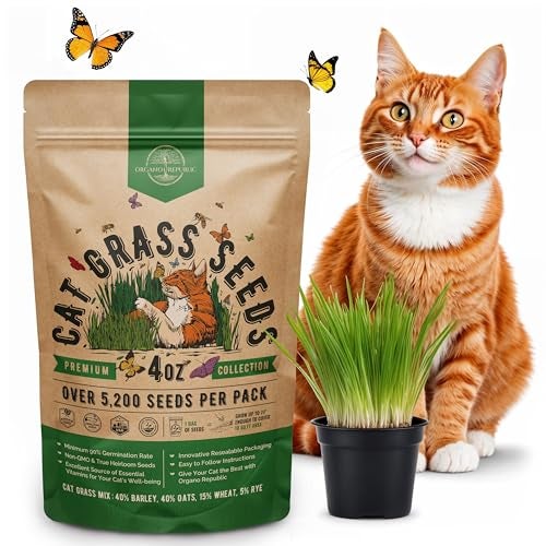Organo Republic Cat Grass Seeds Mix - 5,200 Non-GMO Heirloom Seeds for Cats & Pets, 4 oz Pack for Growing Fresh Barley, Oat, Rye & Wheat Grass Seeds for Planting, Indoor Plants for Pets, Hairball Remedy for Cats - Image 1