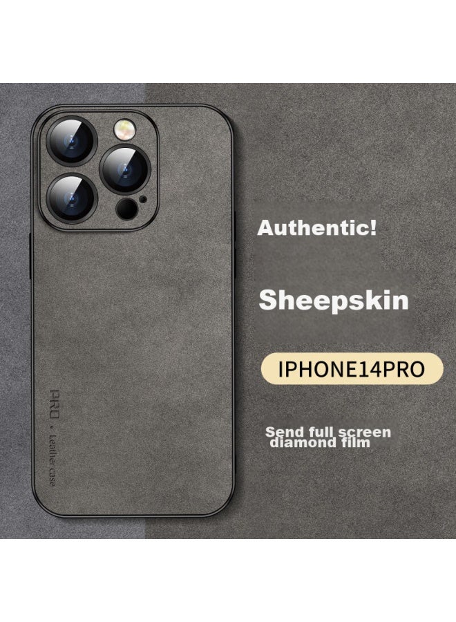 Shangsu Iphone 14 Pro Case, Apple 14 Pro Protective Cover, Shockproof, Full Lens Protection, Luxury Lambskin, Simple Silicone, For Women And Men, Leather Case, Gray - Image 1