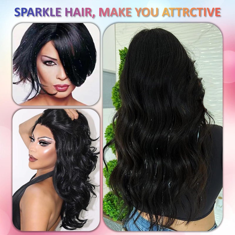 Fiwecos Black Hair Tinsel Kit 48 Inches 1200 Strands with Tools and Instruction Easy to Install Fairy Glitter Tinsel Hair Extensions for Women and Girlsï¼ŒShinny Sparkling Braiding Hair Accessories for Halloween Cosplay Party - Image 3