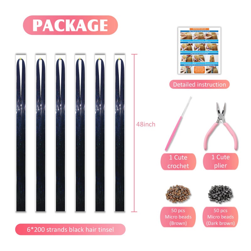 Fiwecos Black Hair Tinsel Kit 48 Inches 1200 Strands with Tools and Instruction Easy to Install Fairy Glitter Tinsel Hair Extensions for Women and Girlsï¼ŒShinny Sparkling Braiding Hair Accessories for Halloween Cosplay Party - Image 4