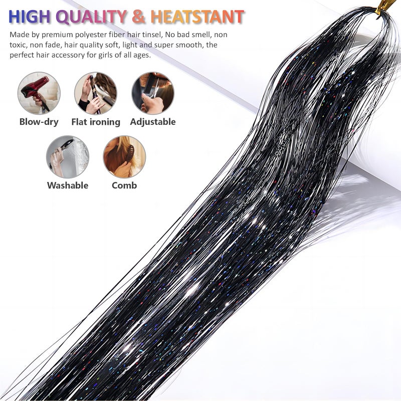 Fiwecos Black Hair Tinsel Kit 48 Inches 1200 Strands with Tools and Instruction Easy to Install Fairy Glitter Tinsel Hair Extensions for Women and Girlsï¼ŒShinny Sparkling Braiding Hair Accessories for Halloween Cosplay Party - Image 2