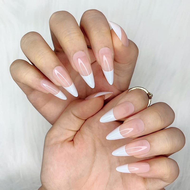 Morily 24pcs Fake Nails Pink White Glossy Medium Long Stiletto Almond Press on Nail False Tips Artificial Finger Manicure for Women (French) - Image 4