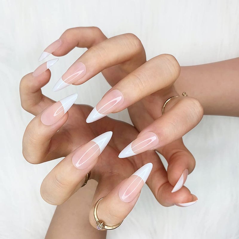 Morily 24pcs Fake Nails Pink White Glossy Medium Long Stiletto Almond Press on Nail False Tips Artificial Finger Manicure for Women (French) - Image 5