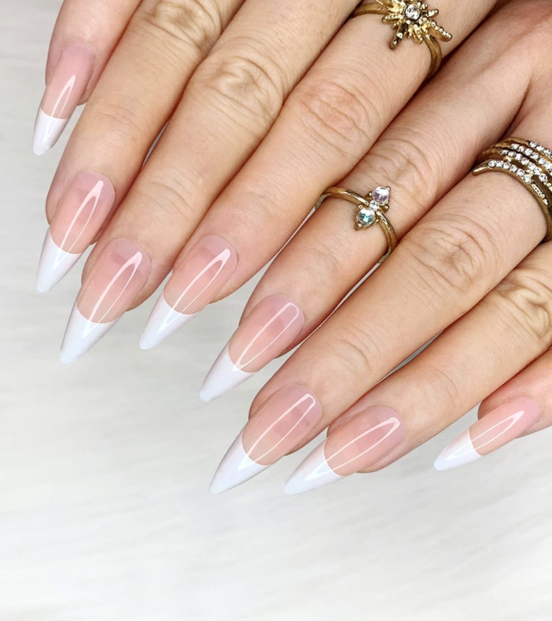 Morily 24pcs Fake Nails Pink White Glossy Medium Long Stiletto Almond Press on Nail False Tips Artificial Finger Manicure for Women (French) - Image 1