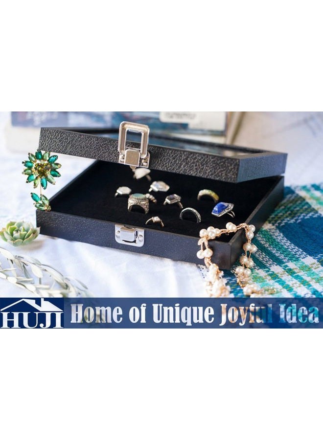 HUJI Glass Top Ring Display Showcase with Velvet Insert Liner Jewelry Organizer 36 Slot Case Black 1 - Image 2