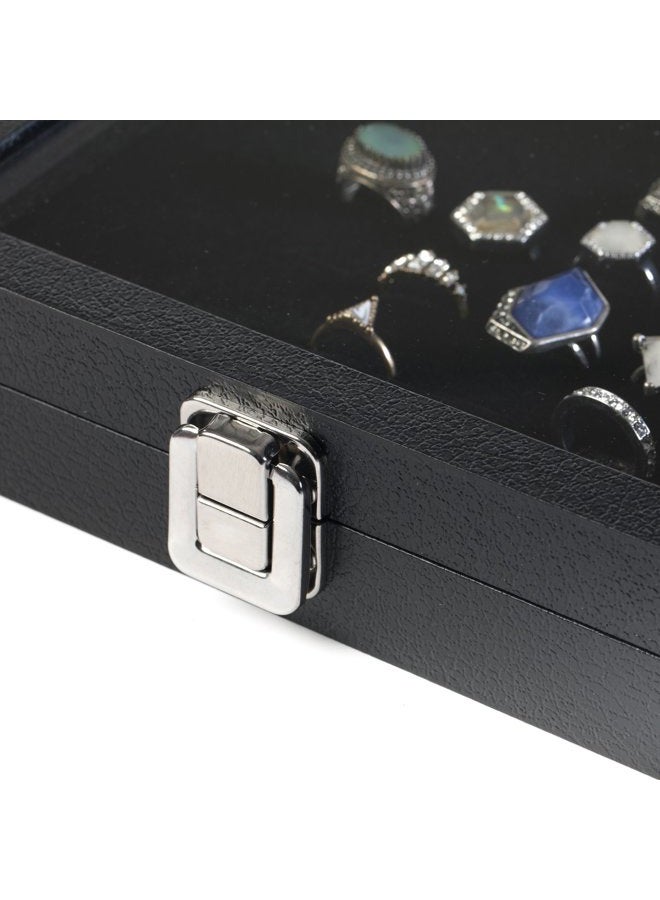 HUJI Glass Top Ring Display Showcase with Velvet Insert Liner Jewelry Organizer 36 Slot Case Black 1 - Image 5