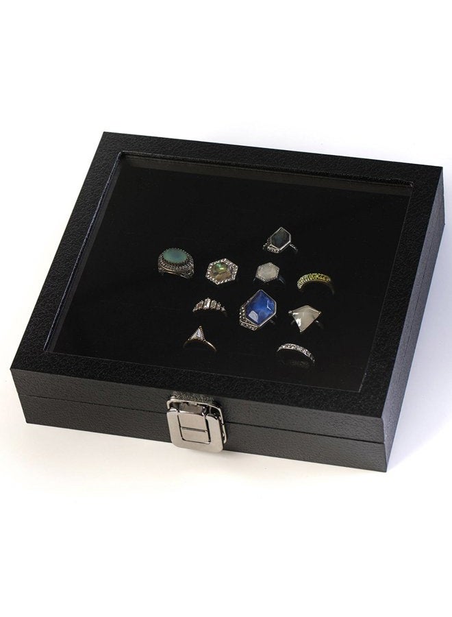 HUJI Glass Top Ring Display Showcase with Velvet Insert Liner Jewelry Organizer 36 Slot Case Black 1 - Image 1