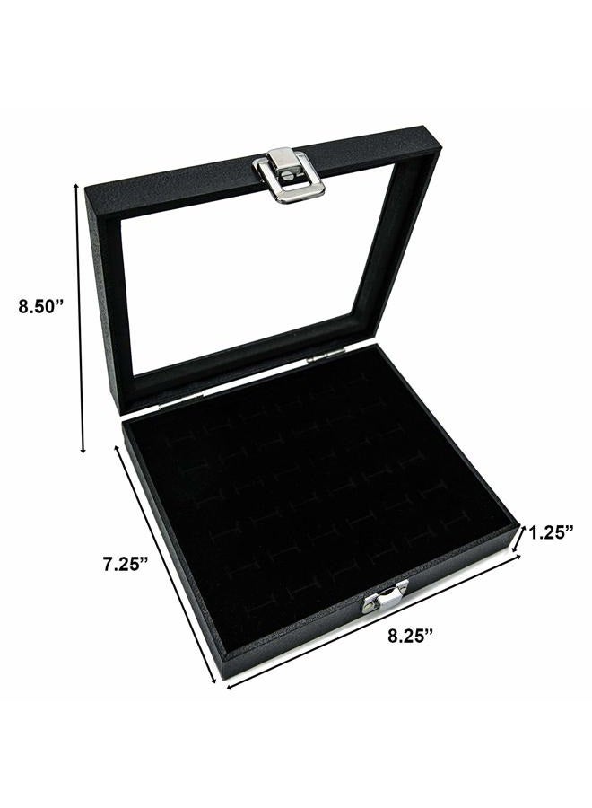 HUJI Glass Top Ring Display Showcase with Velvet Insert Liner Jewelry Organizer 36 Slot Case Black 1 - Image 4