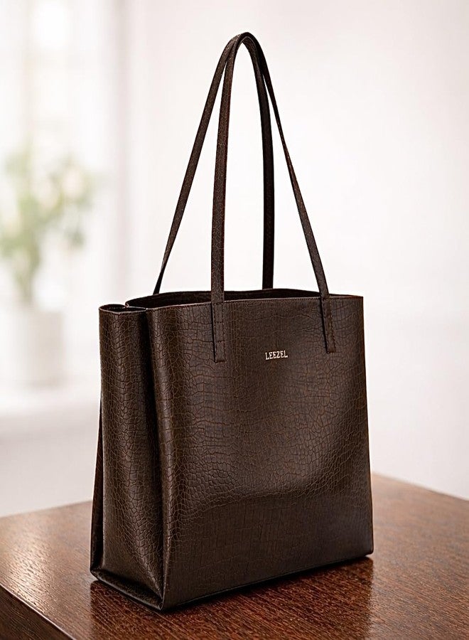LEEZEL Croco Pattern Vegan Leather Tote Handbag Large Capacity Shoulder Bag Ladies For Women (BROWN) - Image 1