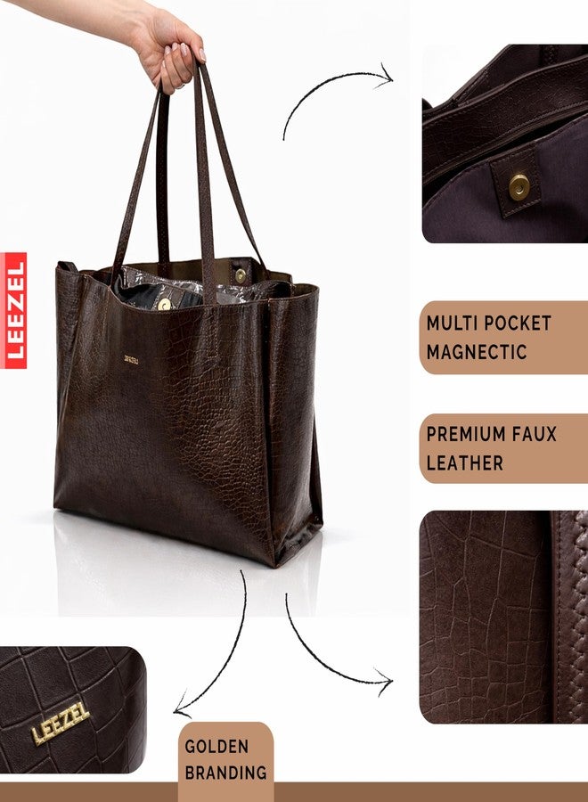 LEEZEL Croco Pattern Vegan Leather Tote Handbag Large Capacity Shoulder Bag Ladies For Women (BROWN) - Image 4