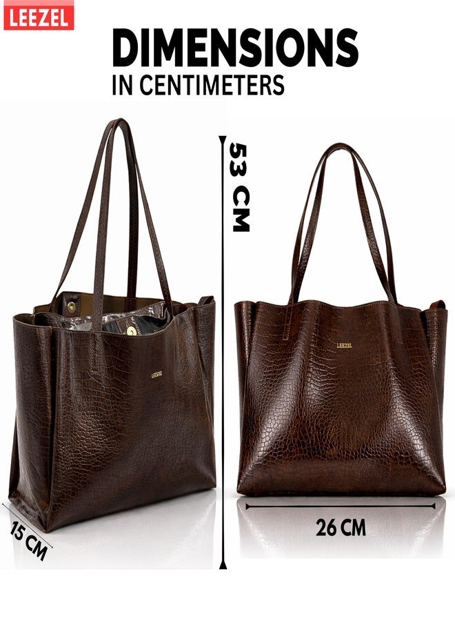 LEEZEL Croco Pattern Vegan Leather Tote Handbag Large Capacity Shoulder Bag Ladies For Women (BROWN) - Image 2