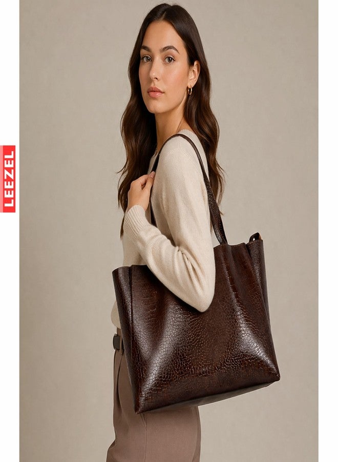 LEEZEL Croco Pattern Vegan Leather Tote Handbag Large Capacity Shoulder Bag Ladies For Women (BROWN) - Image 3